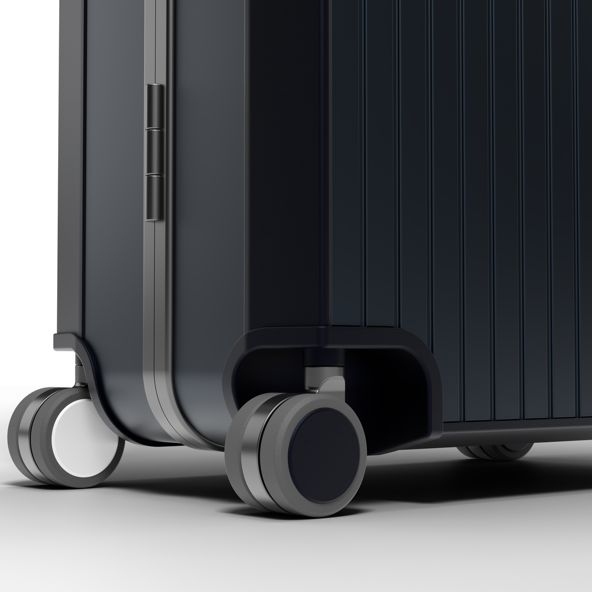 Close-up of the double spinner wheels at the base of the case
