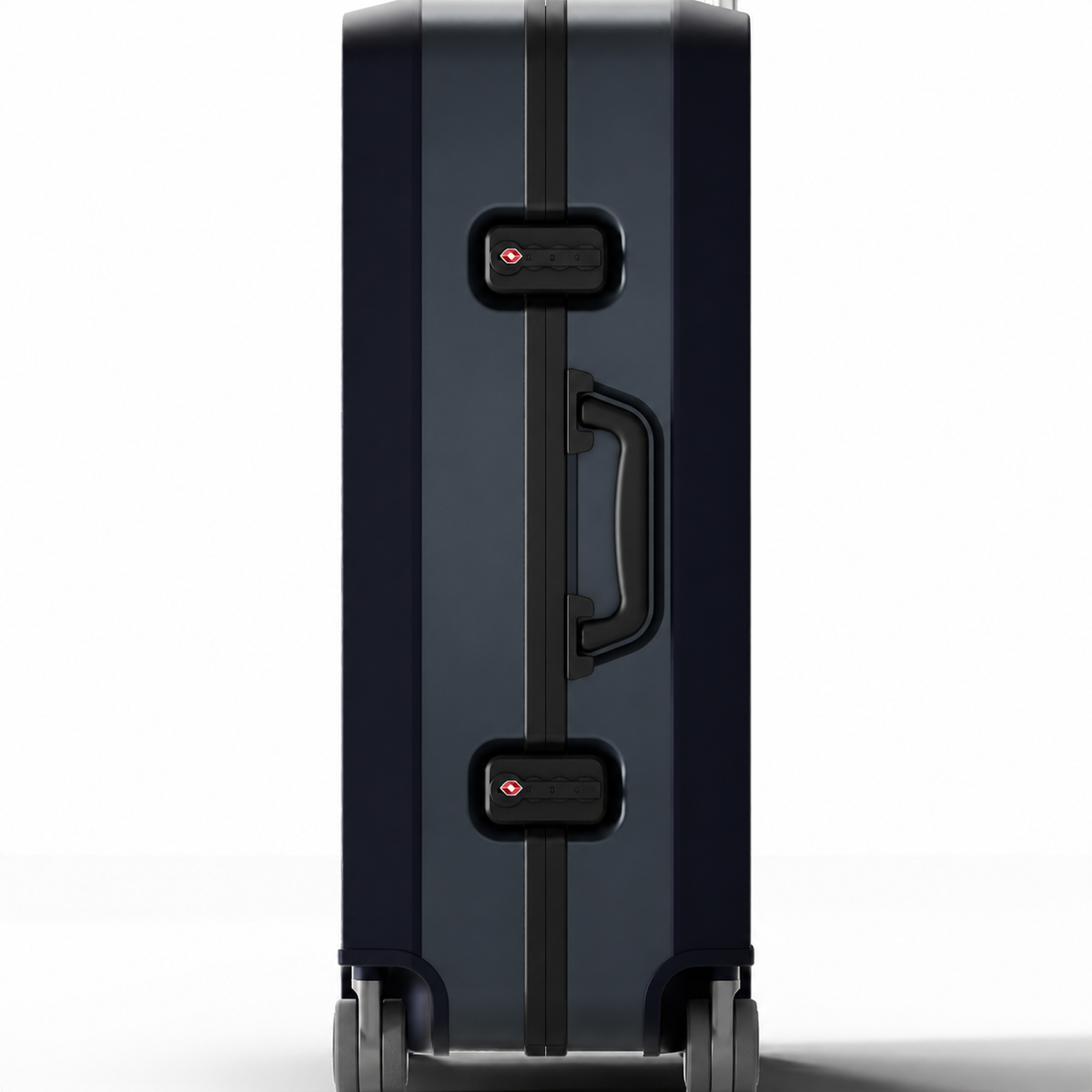 Side of the case showing the zipperless frame, side handle and dual TSA latch locks