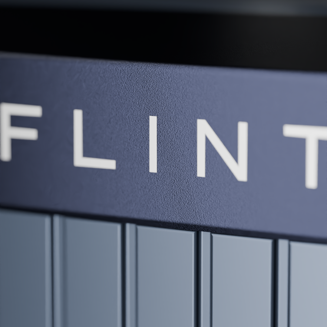 Close-up of the anodised aluminium frame and the FLINT wordmark