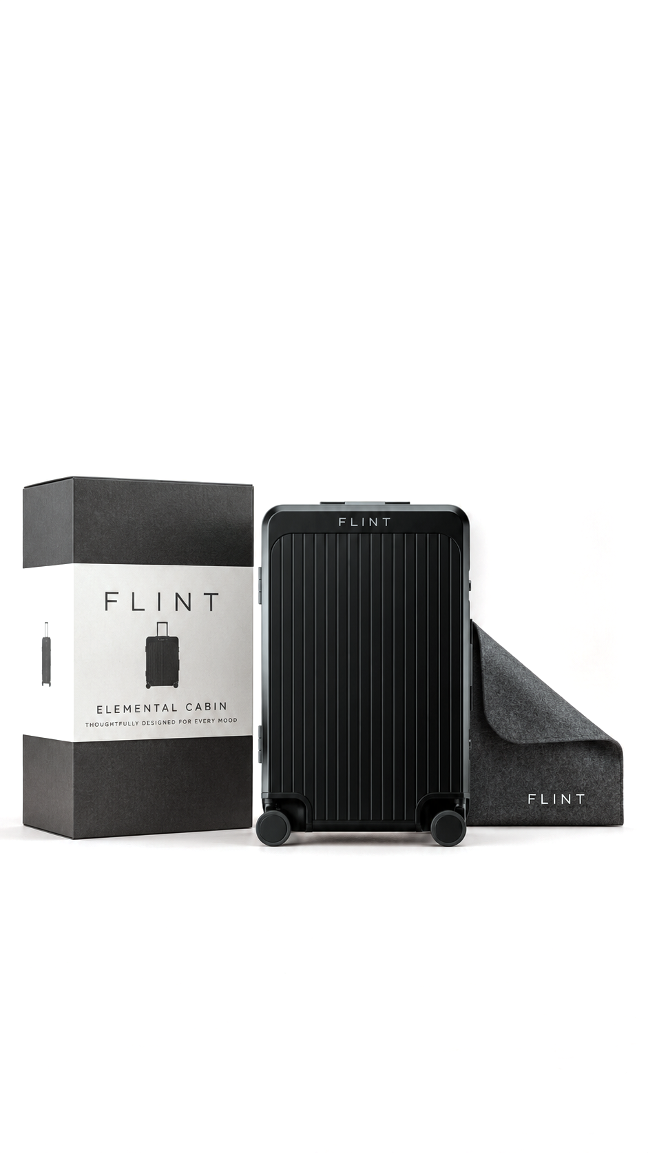 FLINT Elemental Cabin in Obsidian beside its box and a felt FLINT cloth