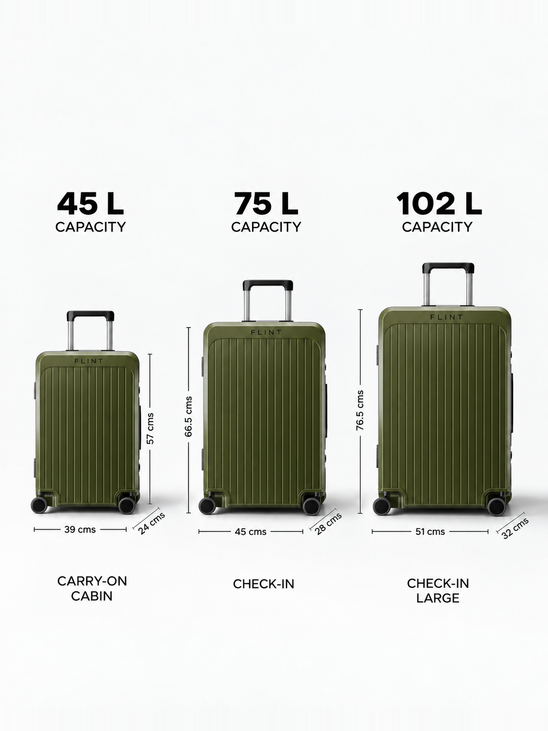 Rogue in Jade, sizes: Carry-on cabin 45 L, Check-in 75 L, Check-in large 102 L