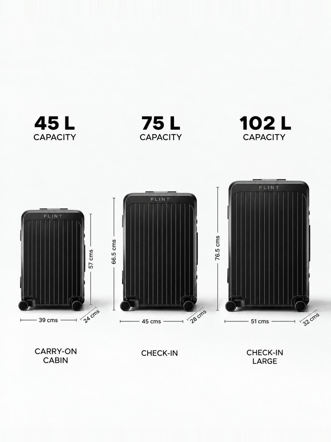 Rogue in Obsidian, sizes: Carry-on cabin 45 L, Check-in 75 L, Check-in large 102 L