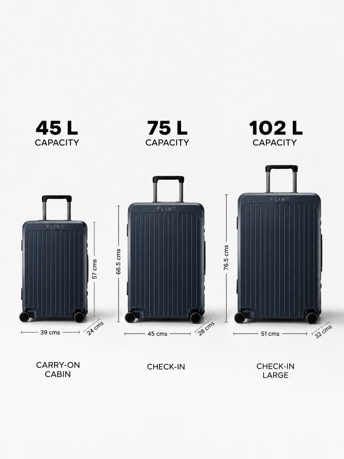 Rogue sizes: Carry-on cabin 45 L, Check-in 75 L, Check-in large 102 L